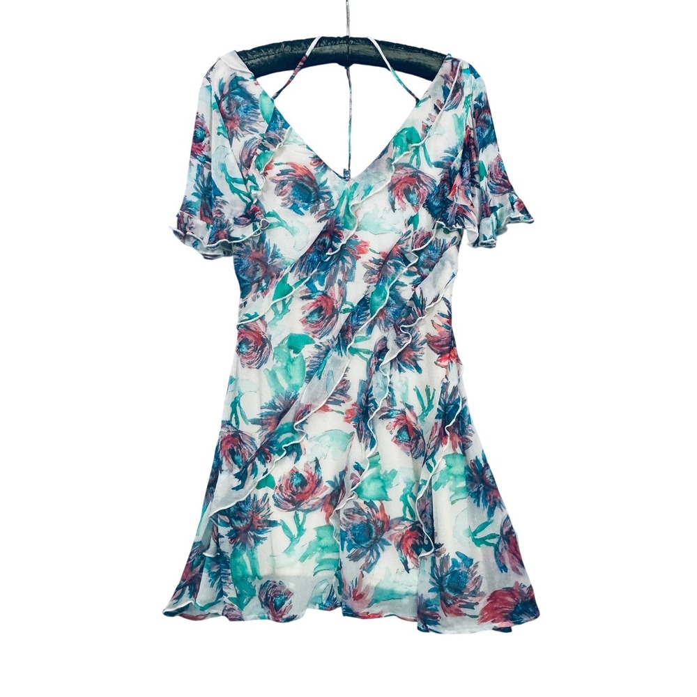 Anthropologie Watercolor Floral Ruffle Mini Dress XS‎ Ivory Teal Red Boho Chic